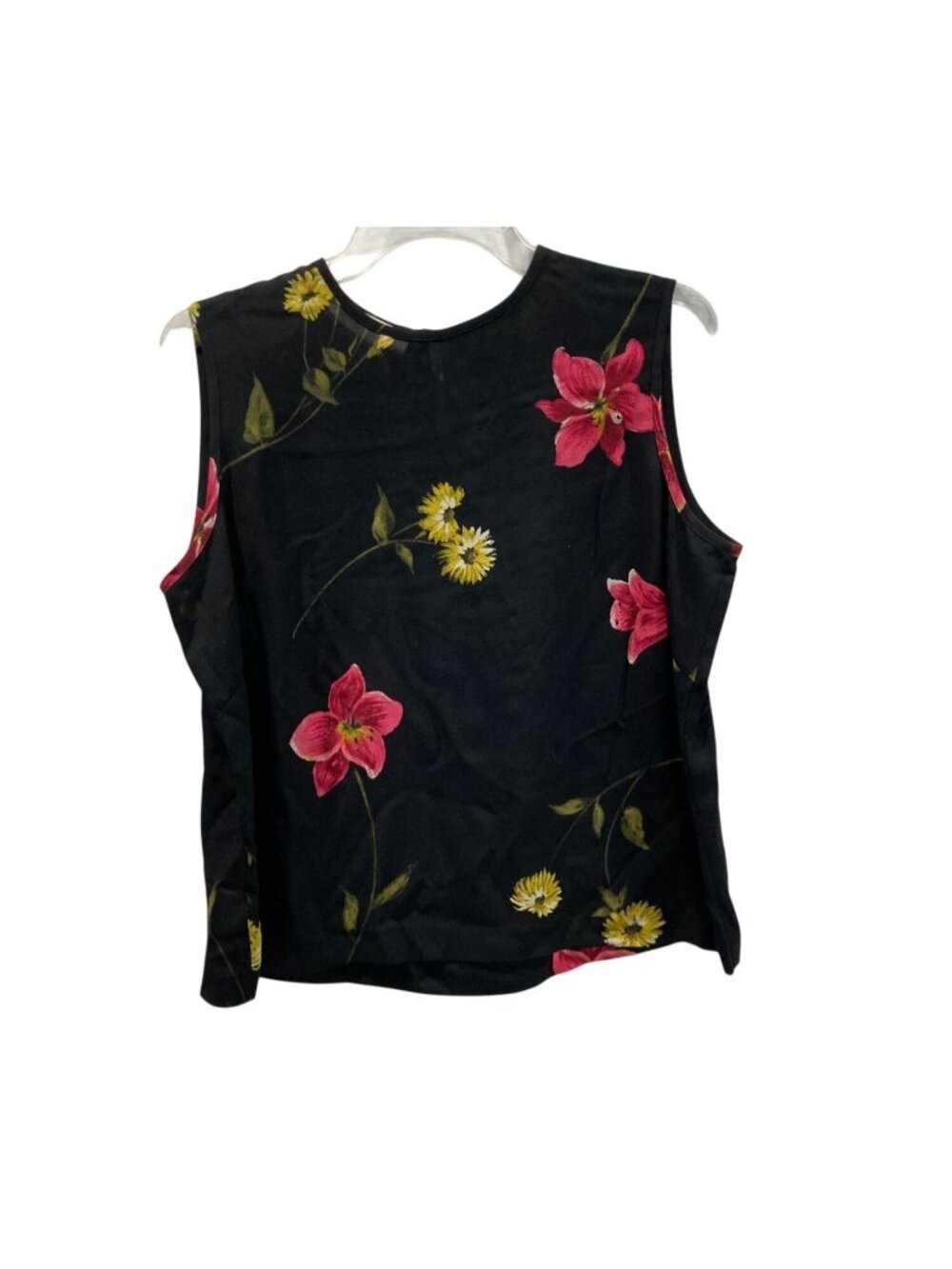 Vintage 90s Floral Silk Blouse sz 14 Black Pink Hibiscus Fairy Old Money Layers